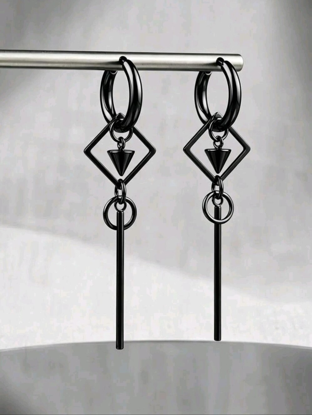 Spiked Geometric Drop Hoop Earrings Black Stainless Steel Gothic Punk Grunge